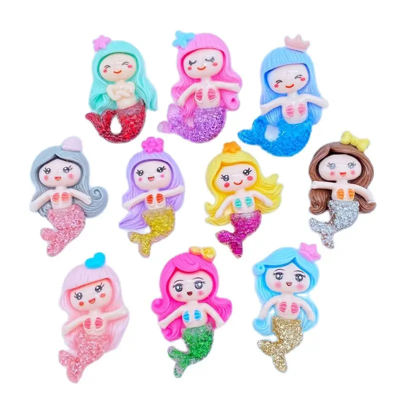 Cabujón de resina con parte posterior plana de princesa sirena, accesorios para el cabello, artesanía para álbum de recortes, decoración de funda de teléfono, 10 unidades, Q13