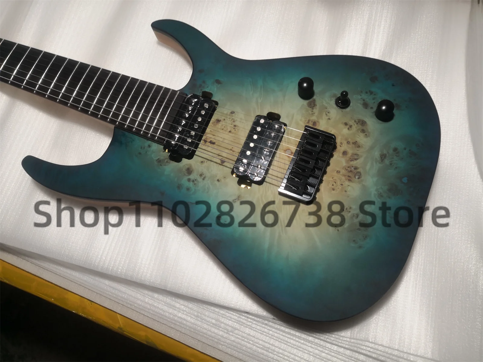 7 Strings Matte Green Electric Guitar ASH Wood body Burl Maple Top Black Binding Rose wood fingerboard 24 Frets Black Tuners