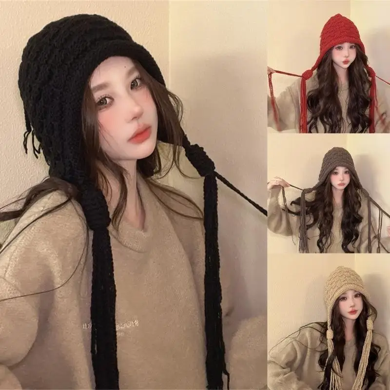 31BB Вязаная шапка ручной работы крючком Модная шапка с бахромой и косами для девочек Муфта для ушей Шапка с помпоном