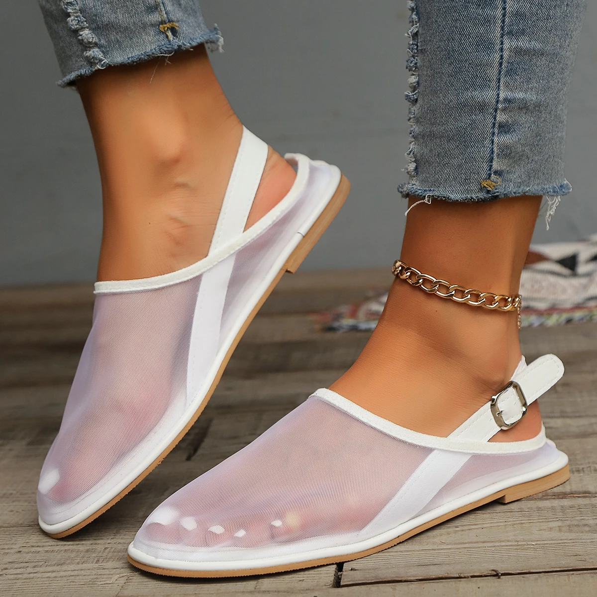 Summer Luxury Flat Sandals Women Back Trip Strap Scuffs Shoe Fashion Platform Sandals White Mesh Breathable Casual Female Slides