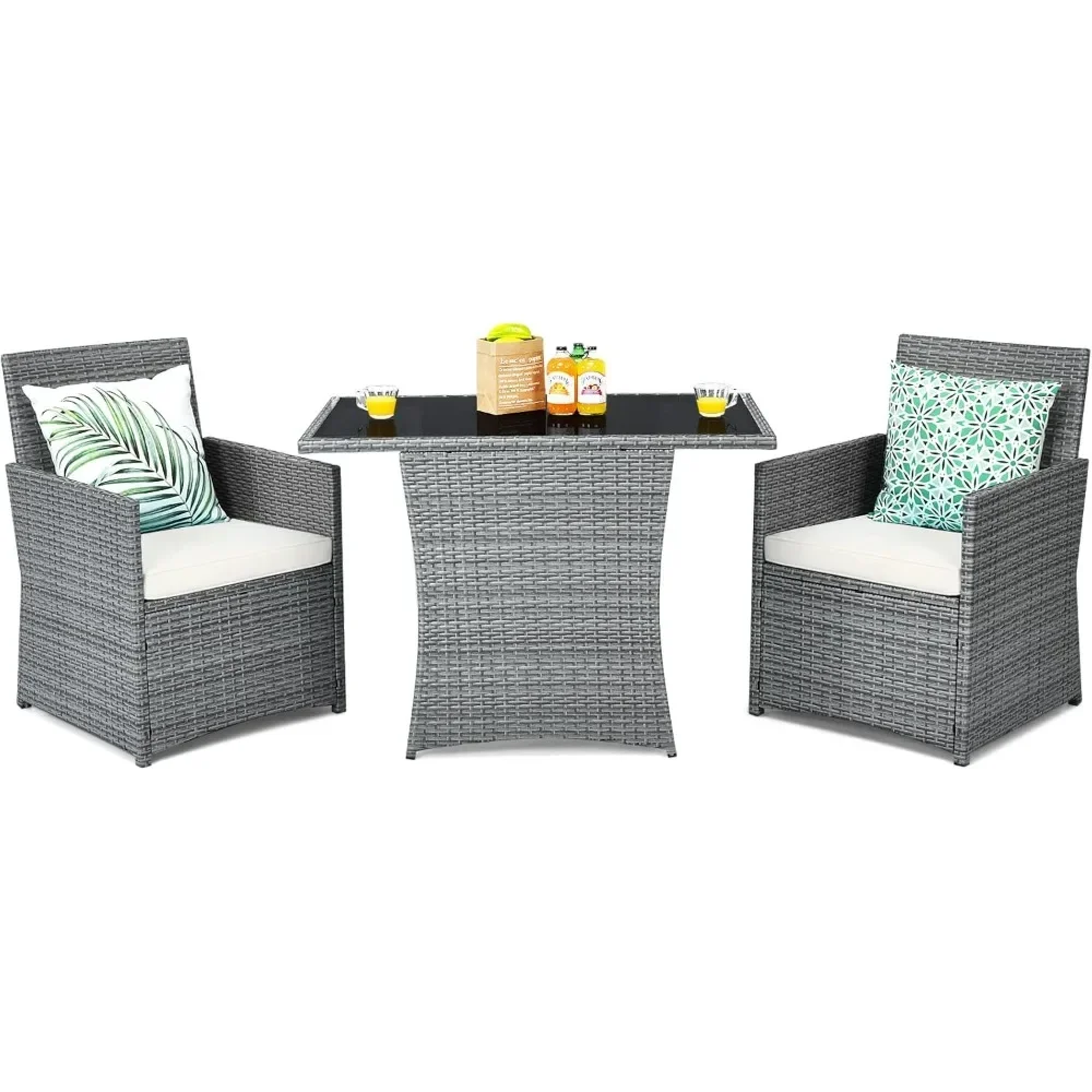 

3 Pieces Patio Dining Table,PE Rattan Bistro Set with Tempered Glass Top Table and Cushioned Chairs,Dining Table Set