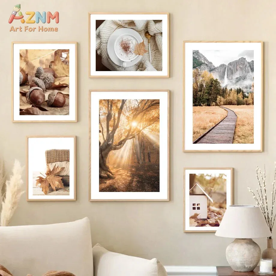 AZNM Neutral Warm Autumn Canvas Wall Art Acorn Maple Leaf Coffee Forest Mountain Waterfall Wooden Path Cottage Fall Nature Unfra