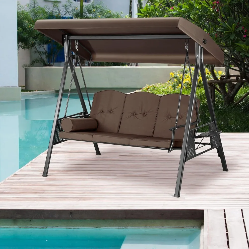 

3-seat Porch Swing With All-weather Steel Frame, Adjustable Swing Chair With Canopy, Removable Cushion And Pillow Hammock