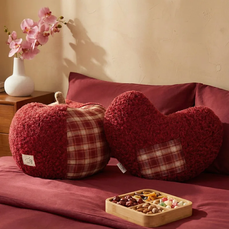

Festive red plush apple pillow, sofa cushion, housewarming and wedding gift, heart-shaped pillow