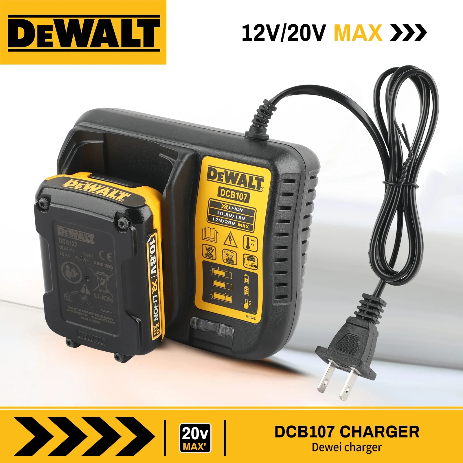 Carregador de Bateria de Lítio DeWalt DCB107 2A para Nível a Laser Dewalt 10.8V 18V 12V 20V DW089LG
