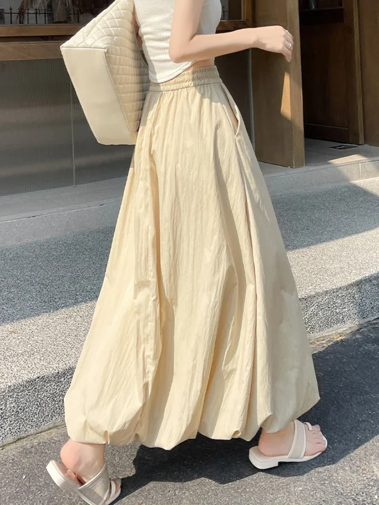 กระโปรงทรงเอไลน์ลายดอกไม้หวานๆ เอวยางยืดสูง รุ่นใหม่สำหรับฤดูร้อน กระโปรงยาวเรียบง่าย สไตล์อเนกประสงค์ ทรงกระโปรงทรงโคมไฟ