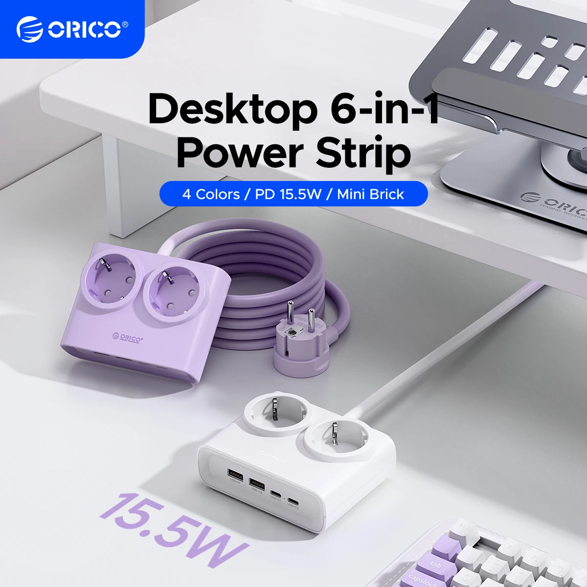 ORICO PD15W Desktop Power Strip with 2 Type-C Port 2 AC Outlets 2 USB-A Ports Charging Station for Phones And Electronics