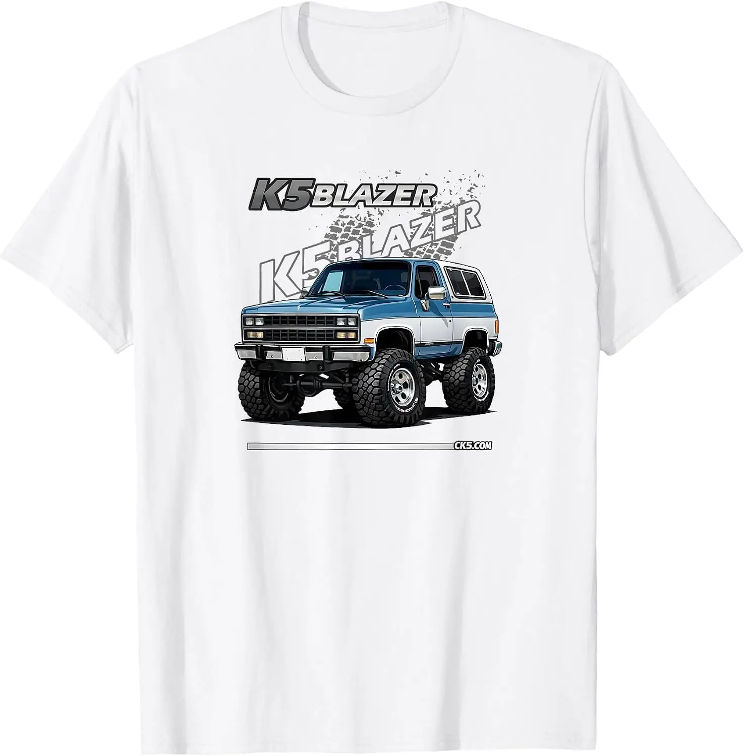 1989-91 K5 Blazer Big Tires Cartoon Lifted Classic 4X4 Truck T-Shirt Men Casual Graphic Print T‑Shirt Crew Neck Short Sleeve Vintage Street Style Soft Fabric Daily Wear Tops. Holiday Festive, Party Wear, Theme Print Tee.