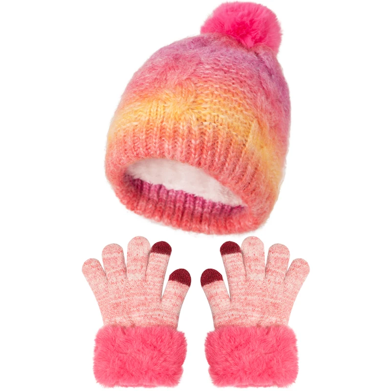 2024 Children Winter Hat Gloves Set Colorful Fleece Kids Knitted Beanie Fleece Lining Pompom Child Cap for Girls Boys Hats 4-10Y