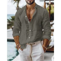 Chemise en lin pour homme, chemise d’été, chemise à boutons en mélange de coton et de lin, chemise décontractée unie pour les vacances, bleu, blanc, noir, rose. 5