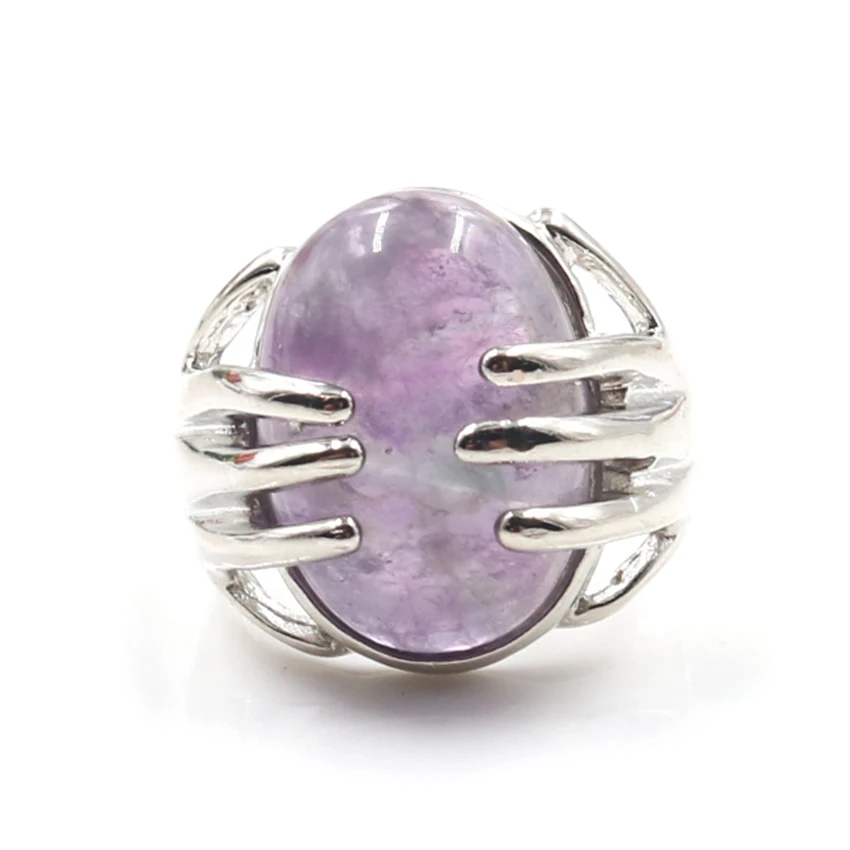 Silver Plated Hand Wrap Oval Shape Amethysts Stone Resizable Finger Ring Trendy Jewelry