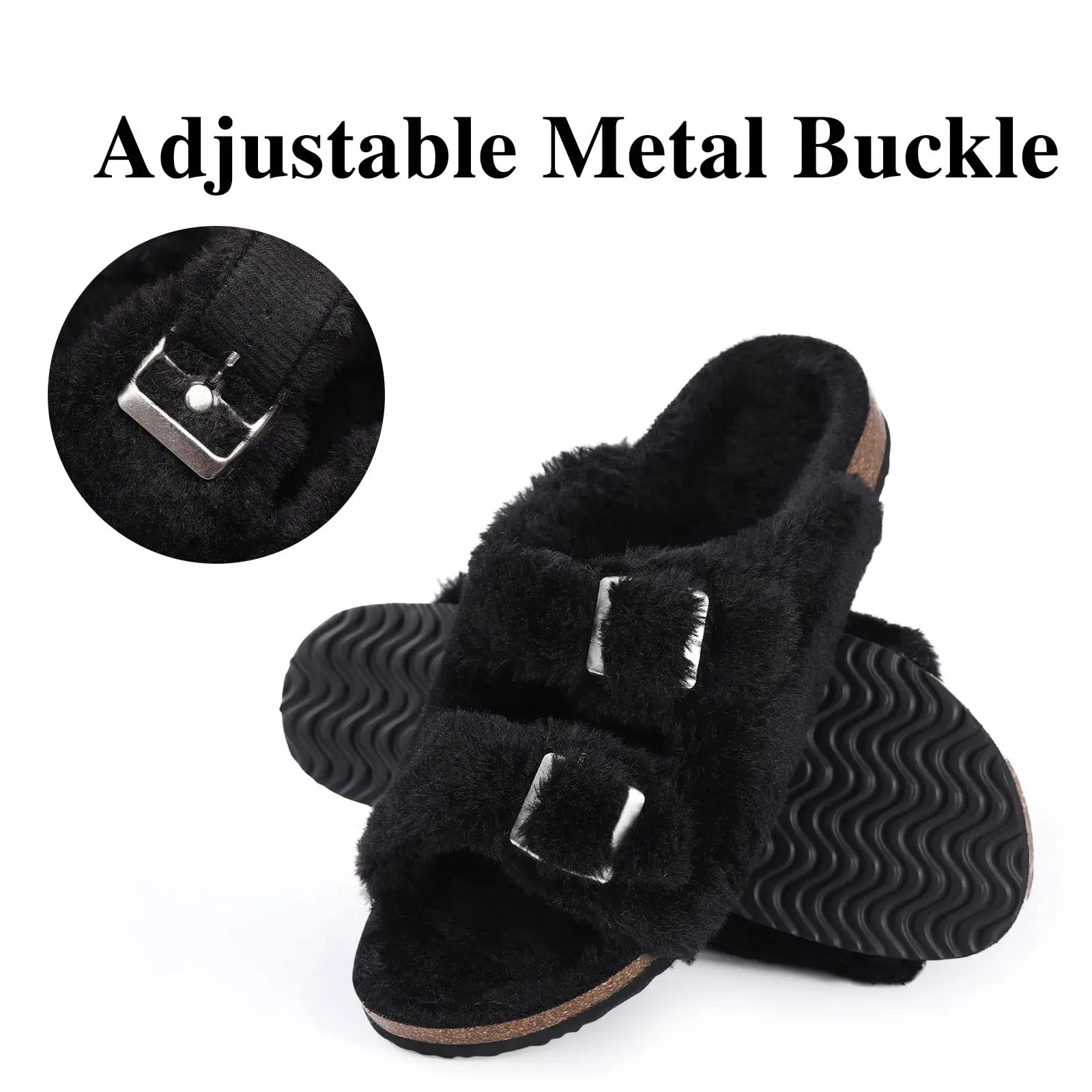 Shevalues New Fur Fluffy Slippers Women Winter Home Fuzzy Slippers Open Toe Cork Slides Female Indoor Double buckle Flat Sandals