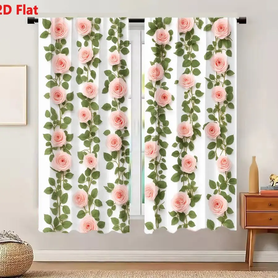 2Pcs Curtains 2D Flat Light Pink Roses And Green Leaves Vertical Rows Floral Arrangement Decorative Pattern Against White Backgr