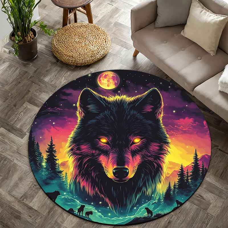 Neon Wild Wolf Flannel-printed round floor mats are slip-resistant Suitable for living room bedroom terrace garden carpets