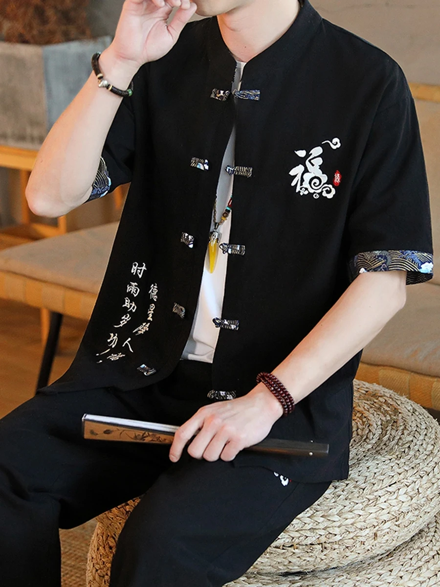 

Men's Summer Casual Embroidered ort Sve Ethnic Sle Faionable Vintage Tang Han Clothing Cotton Fabric Geometric Pattern