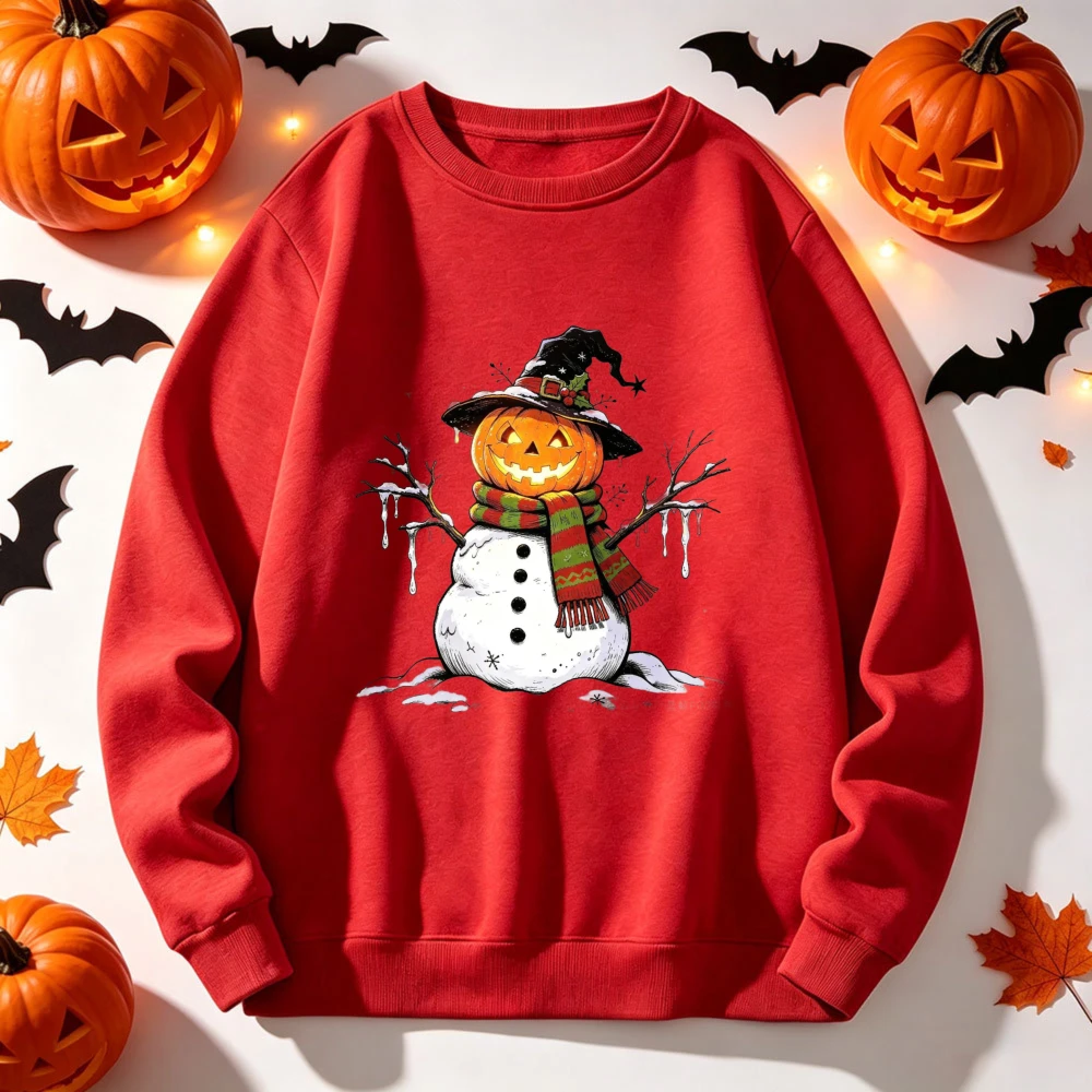 Pumpkin Head Snowman Witch Hat Sweatshirt Halloween Christmas Hybrid Graphic Pullover Spooky Winter Holiday Casual Streetwear