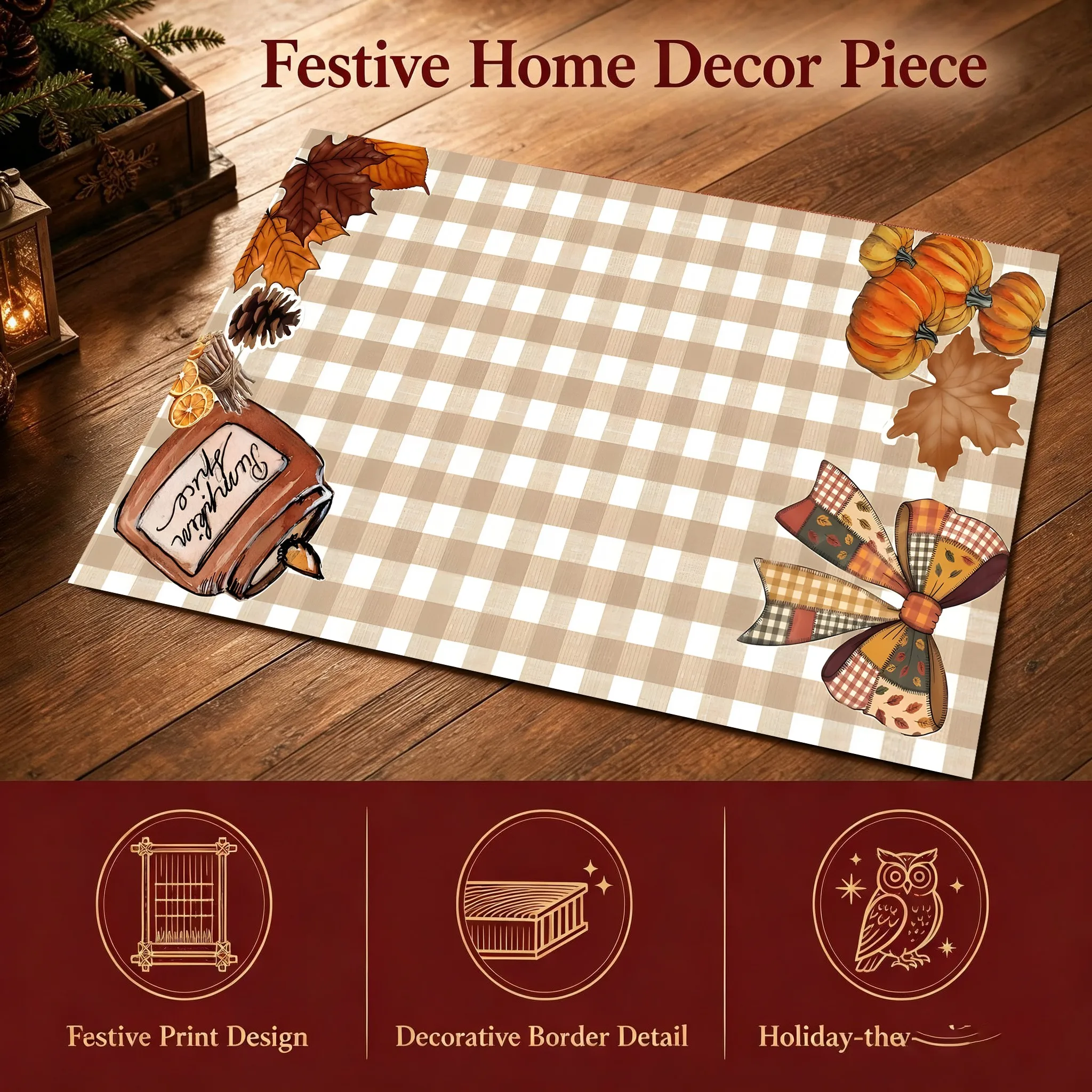 Khaki Checkered Pumpkin Maple Leaf Pumpkin Spice American Retro Thanksgiving Velvet Rug for Entryway, Living Room, and Bedroom