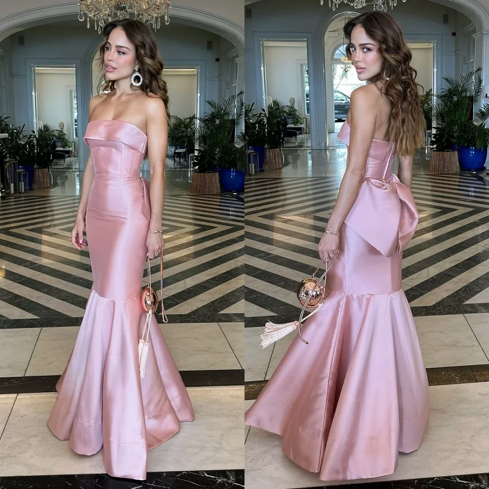 

Customized Exquisite Pleat Bow Trumpet Strapless Long Dresses Homecoming Dresses Sizes Available Pastrol Simple High Quality