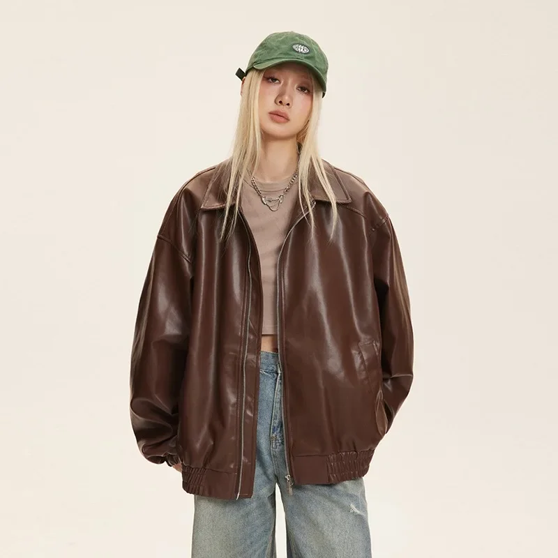 2024 Autumn New Youth Trendy Casual Loose Versatile Trendy Imitation Protein Leather Collar Coat