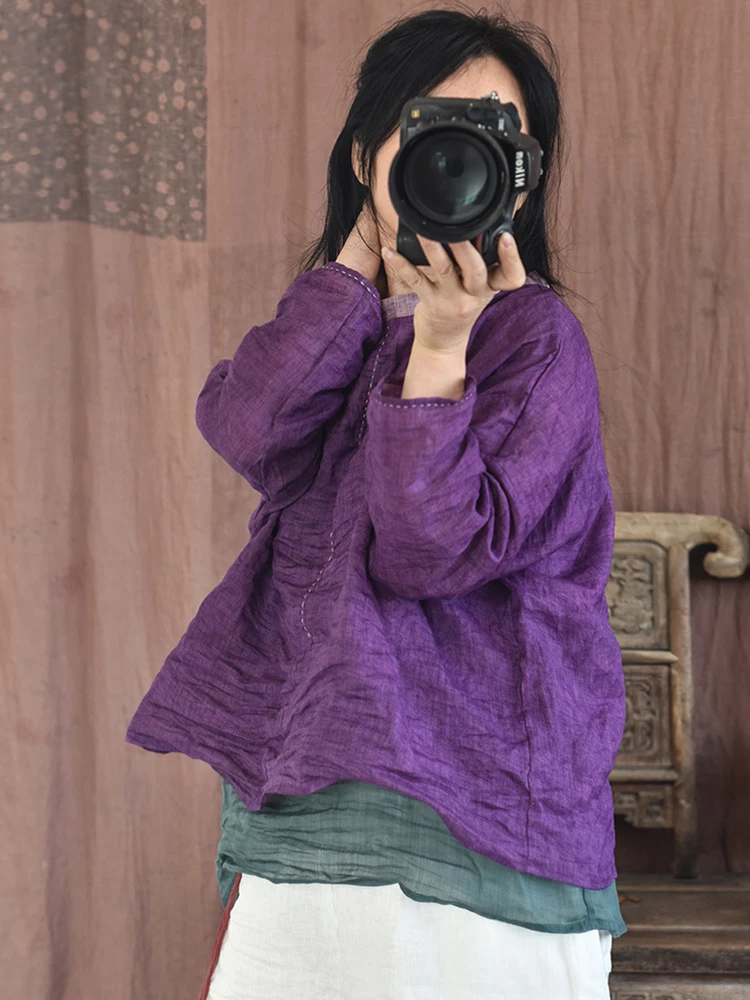 Mulheres manga longa ramie camisetas novo 2025 primavera estilo vintage solto confortável feminino casual algodão linho topos t m799