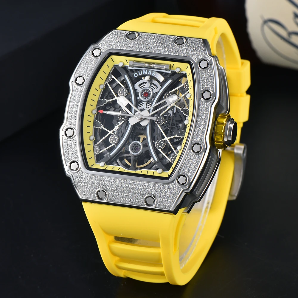 OUMASHI حركة أوتوماتيكية ميكانيكية متعددة الوظائف على شكل برميل الهاتفي الجوف توربيون الياقوت كريستال ساعات للرجال