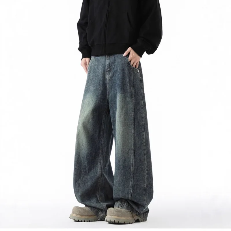 American Vintage Washed Jeans Men High Street Loose Wide Leg Drape Floor Length Denim Pants