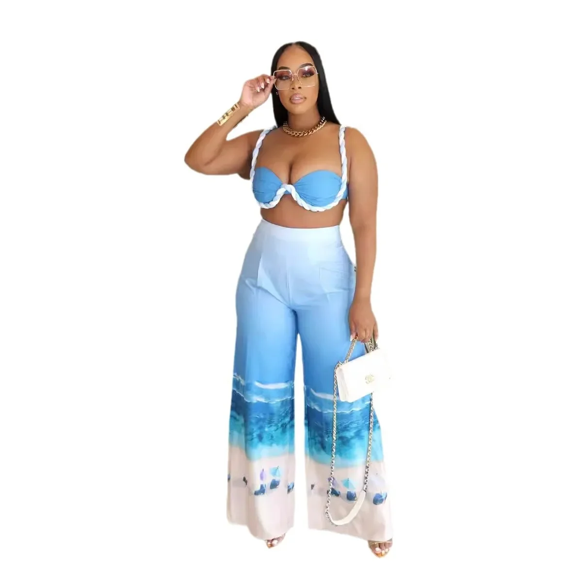 Summer Women\'s Set Beach Print Sleeveless Strapless Tops +Wide Leg Pants Suits Street Two 2 Piece Sets Bohemian Outfits