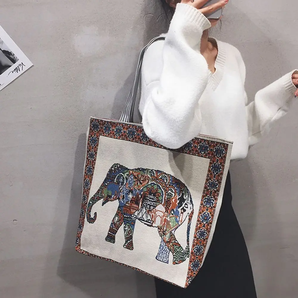 Elephant Ethnic Style Handbag Vintage Animal Canvas Canvas Tote Bag Embroidery Handbag Women Shoulder Bags Storage Bag