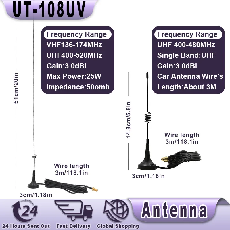 UT-108UV Walkie Talkie Car Antenna Magnetic SMA-F Dual Band UHF VHF for Baofeng UV-5R TYT WOUXUN Quansheng UV-K5 8 Two Way Radio