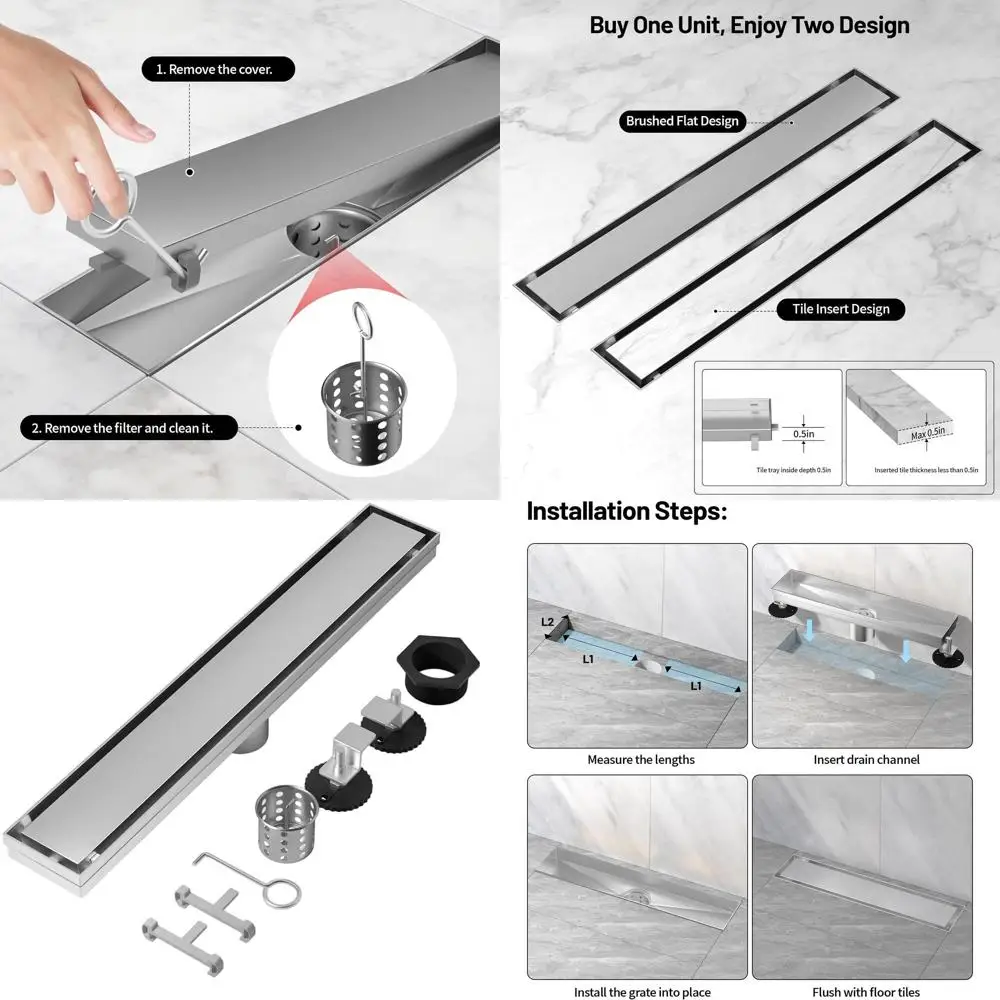 

48-Inch Silver 304 Stainless Steel Linear Shower Drain with Adjustable Feet and Hair Catcher for Invisible Floor Installation
