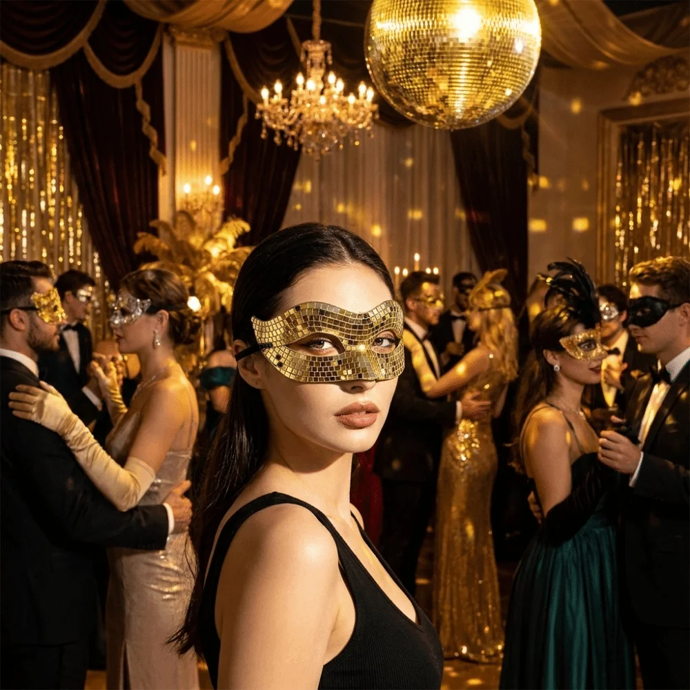 Sparkling Finish Disco Face Mask Glitter Texture Mirror Costume Mask Golden/ Silver Eye Covers Masquerade Mask Party Props