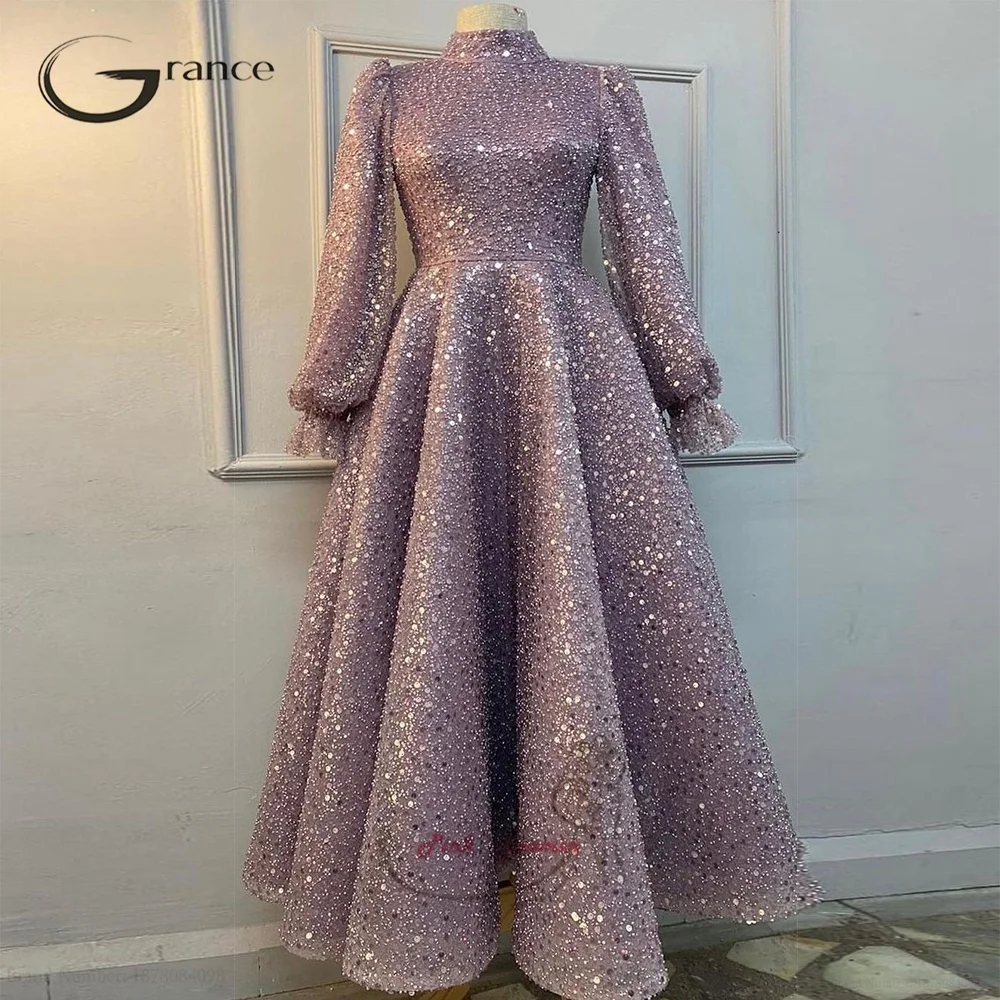 Cathy Golden Beaded Puff Sleeve A-line Wedding Dresses Long Sleeves vestidos de noche Ankle-Length Customized Formal Evening