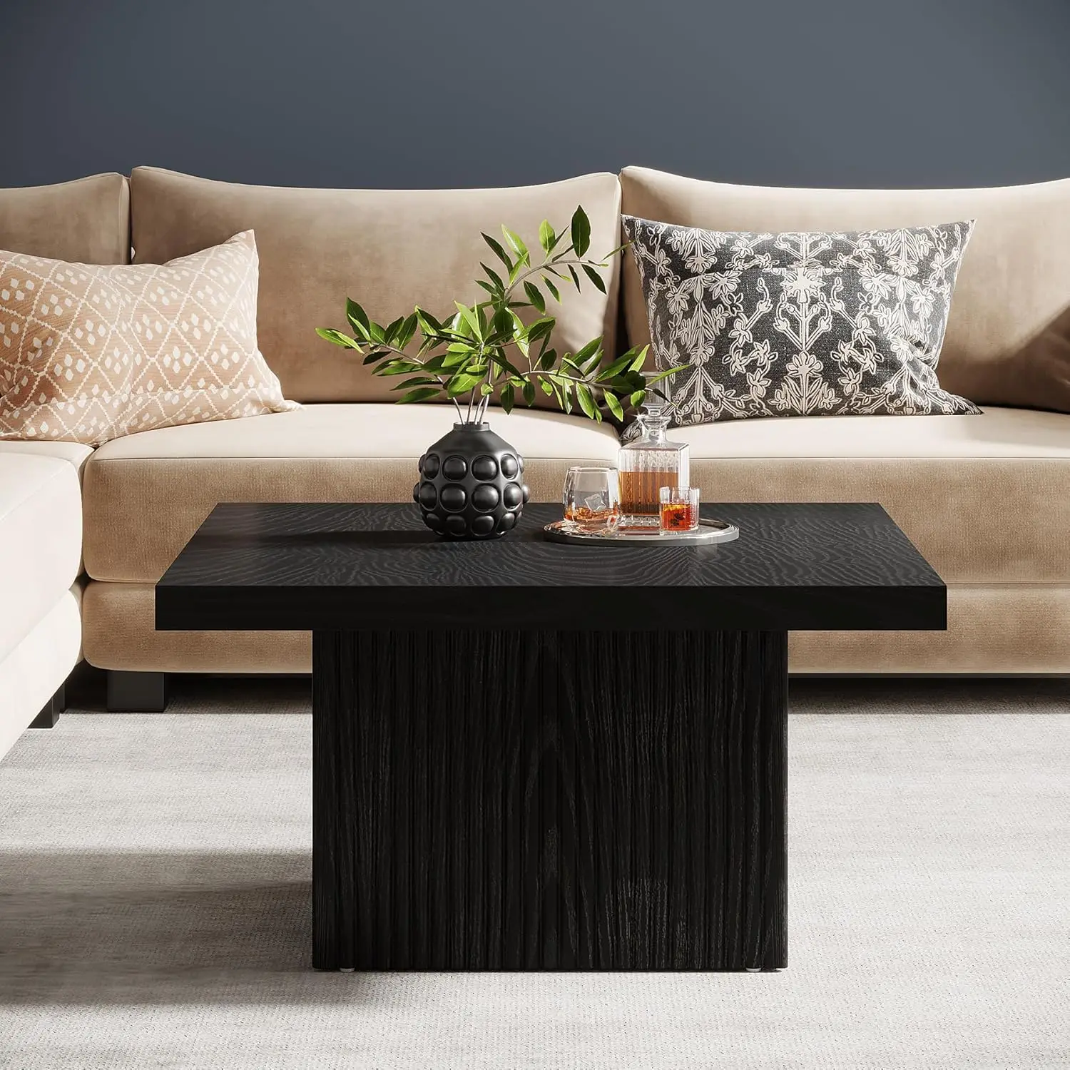 31.5-Inch Fluted Coffee Table, Mid-Century Modern Black Living Room Table, Large Cocktail Table, Easy Assembly