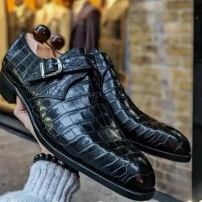Black Alligator Print Leather Men Shoes Pumps Round Toe Men's Dress Shoes Gentlemen Slip on Party Shoes 2025 Big Size 47 Autumn