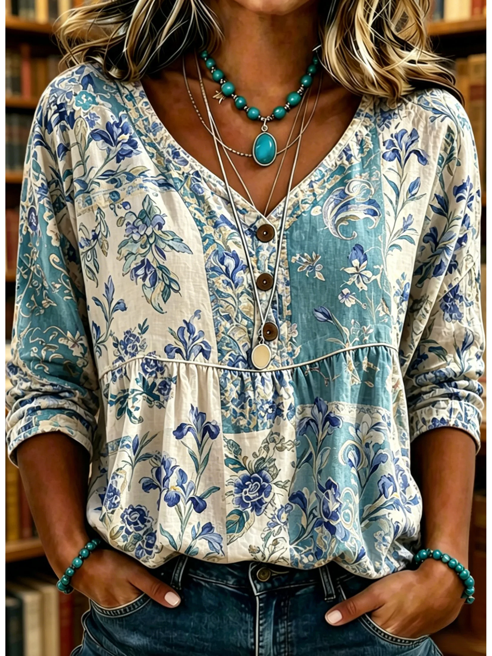 Iris Floral Patchwork Shirt Women Color Block V Neck Wooden Fastener 3/4 Sleeve Airy Fabric Vintage Library Wear