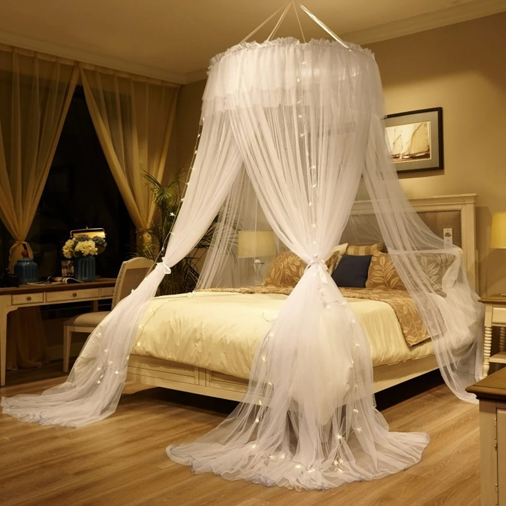 

4 Corner Bed Canopy Princess Play Tent Large Lace Lace Mosquito Net for Girls Beds Hanging Bed Valance Netting for Women White