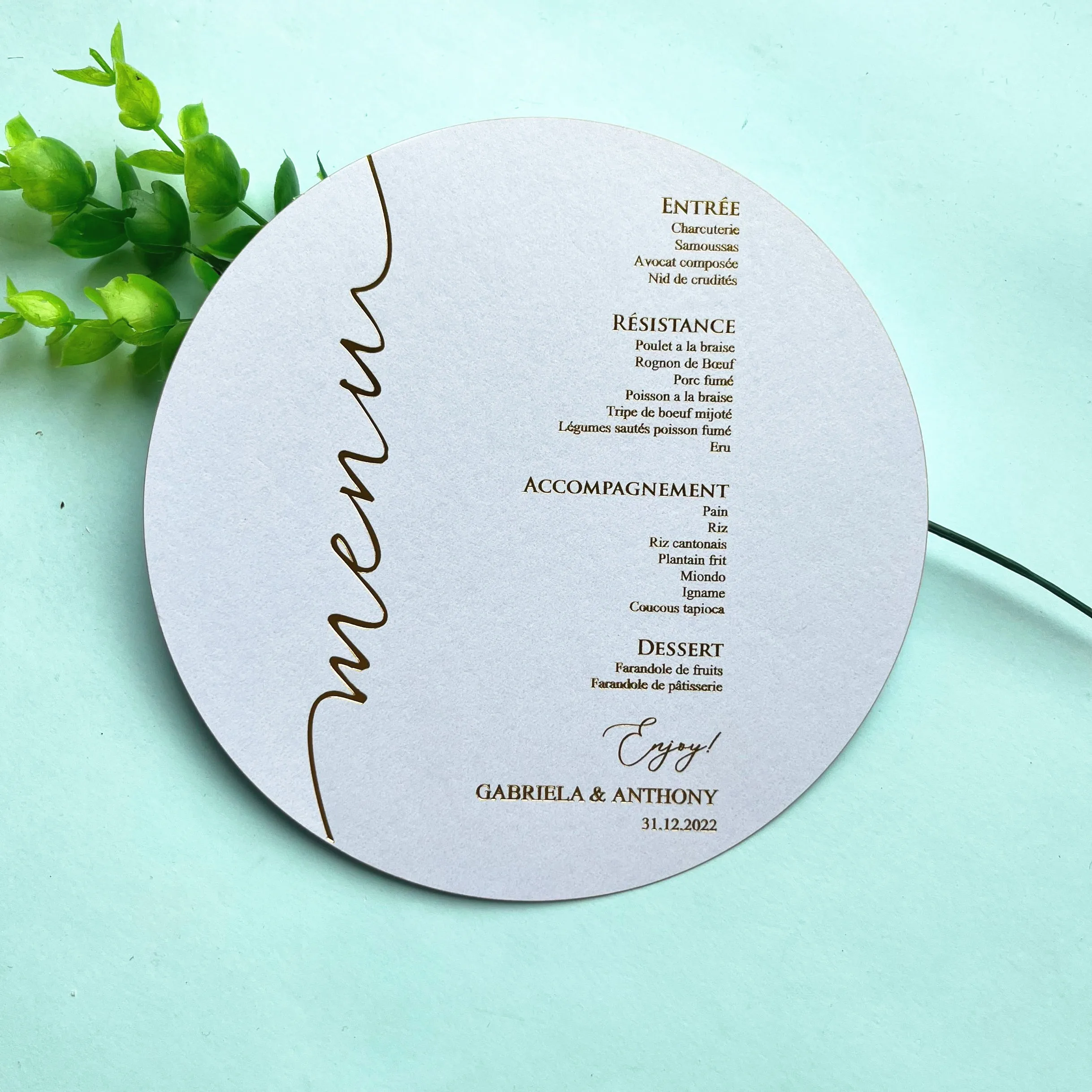 100pcs White Paper Wedding Party Table Decoration Menu Cards Hot Stamping Foil Gold Silver Words Custom Round Shape Cards
