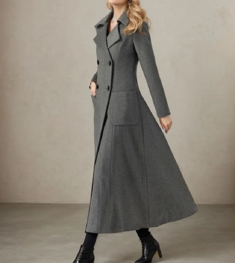 سترة نسائية رمادية طويلة من الصوف سترة مزدوجة الصدر مصممة خصيصًا معطف دافئ قطعة واحدة حسب الطلب #2