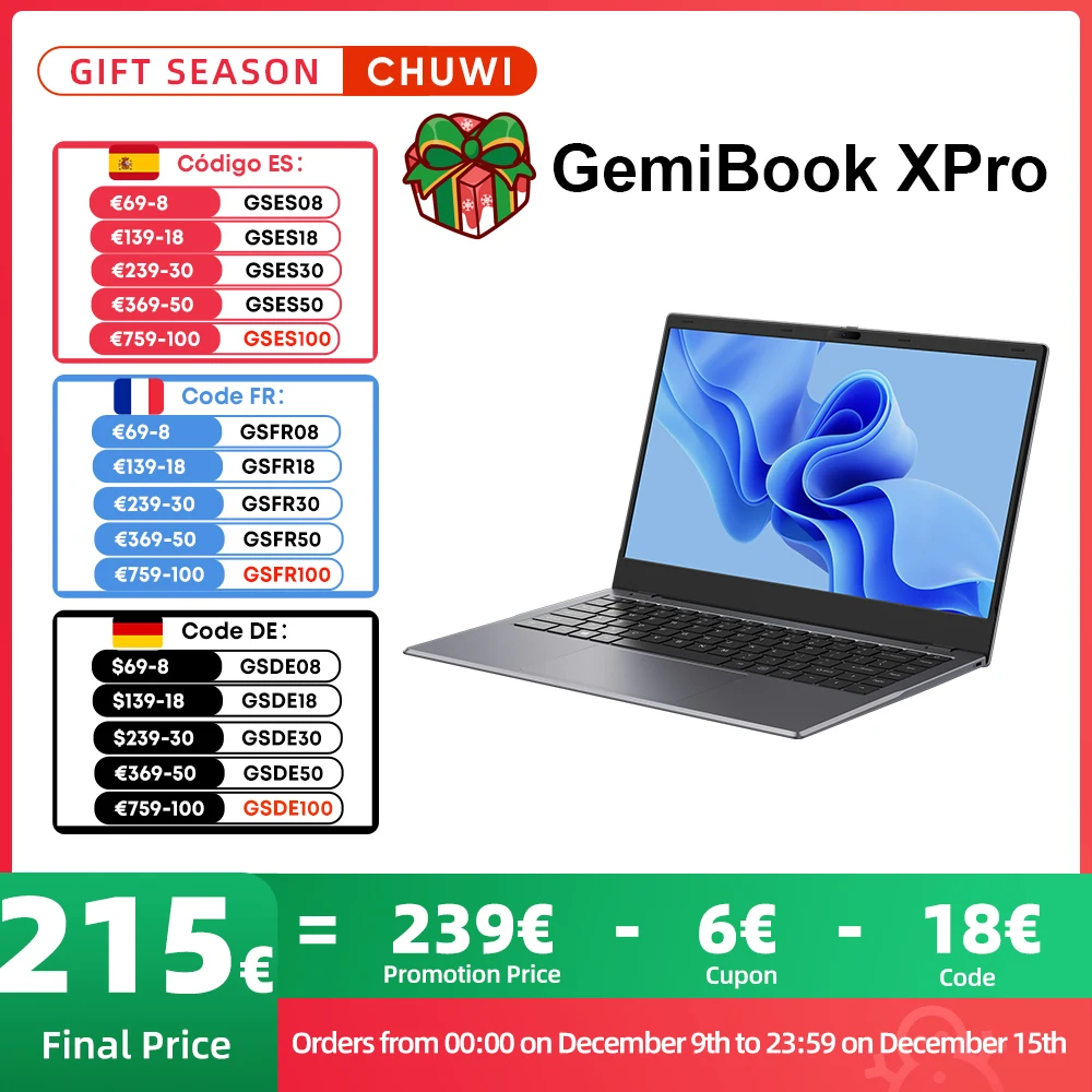 CHUWI-Windows 11 Laptop, GemiBook XPro, tela FHD, Intel Celeron N100 Quad Core, UHD Graphics 600 GPU, 8GB de RAM, 256GB SSD, 14 pol