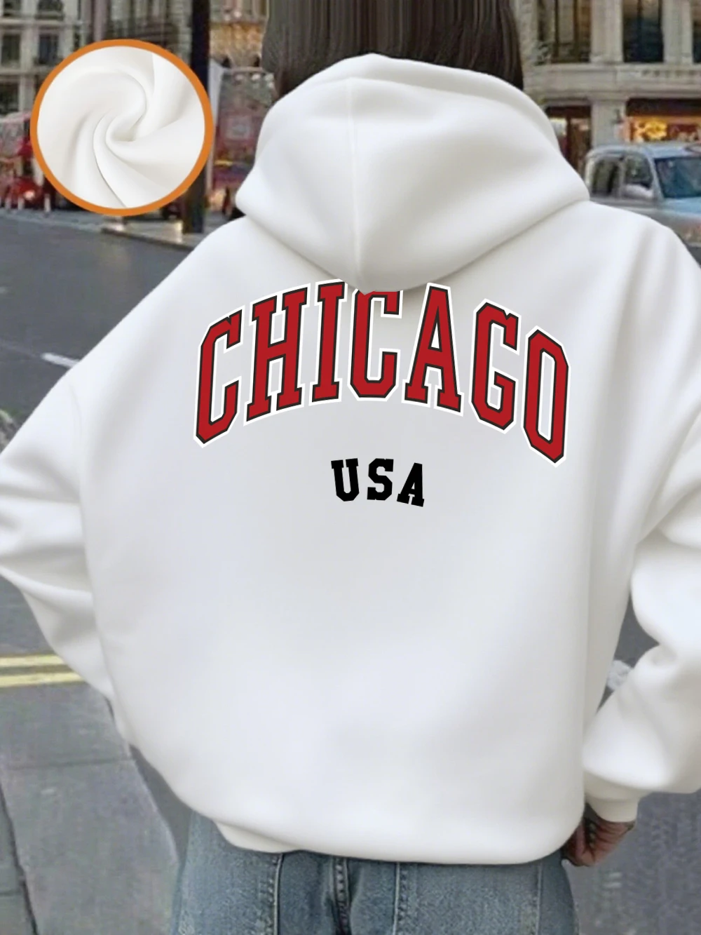 เสื้อฮู้ดพิมพ์ลายตัวอักษรชิคาโก สหรัฐอเมริกา สำหรับผู้หญิง เสื้อกันหนาวผ้าฟลีซอุ่นสบาย สไตล์ลำลอง มีกระเป๋า เสื้อสเวตเชิ้ตพื้นฐาน สวมใส่สบาย เสื้อผ้าผู้หญิง