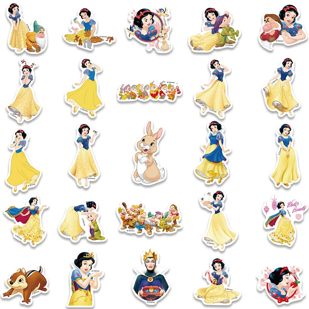 Pegatinas de dibujos animados de Disney, calcomanías de Blancanieves para portátil, botella de agua, equipaje, cuaderno, vinilo impermeable, 50 piezas