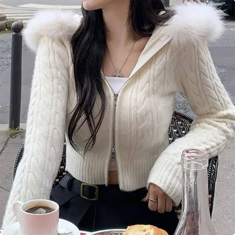 

Beige Furry Trim Hooded Cropped Sweater Cardigan Women Long Sleeve Zipper Outerwear Autumn Winter Coat Coquette Korean