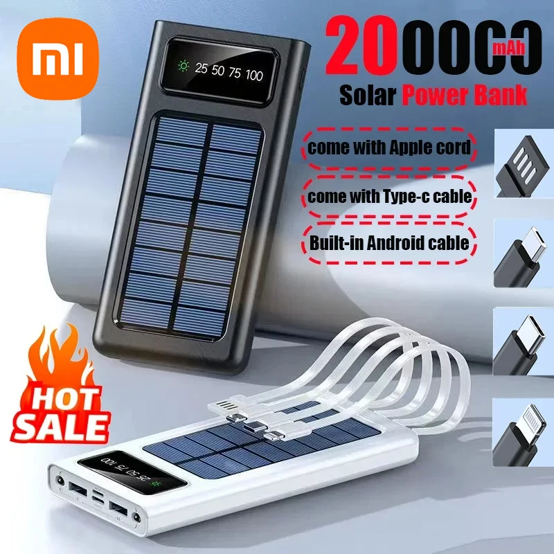 Xiaomi 200000mAh Solar Power Bank Built Cables Solar Charger 2 USB Ports External Super Fast Charger Powerbank with LED Light