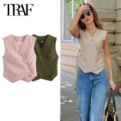 TRAF Women's Vest Summer 2024 Asymmetric Solid Waistcoat V-Neck Sleeveless Gilets Women New In Outerwear Fashion Crop Tank Tops