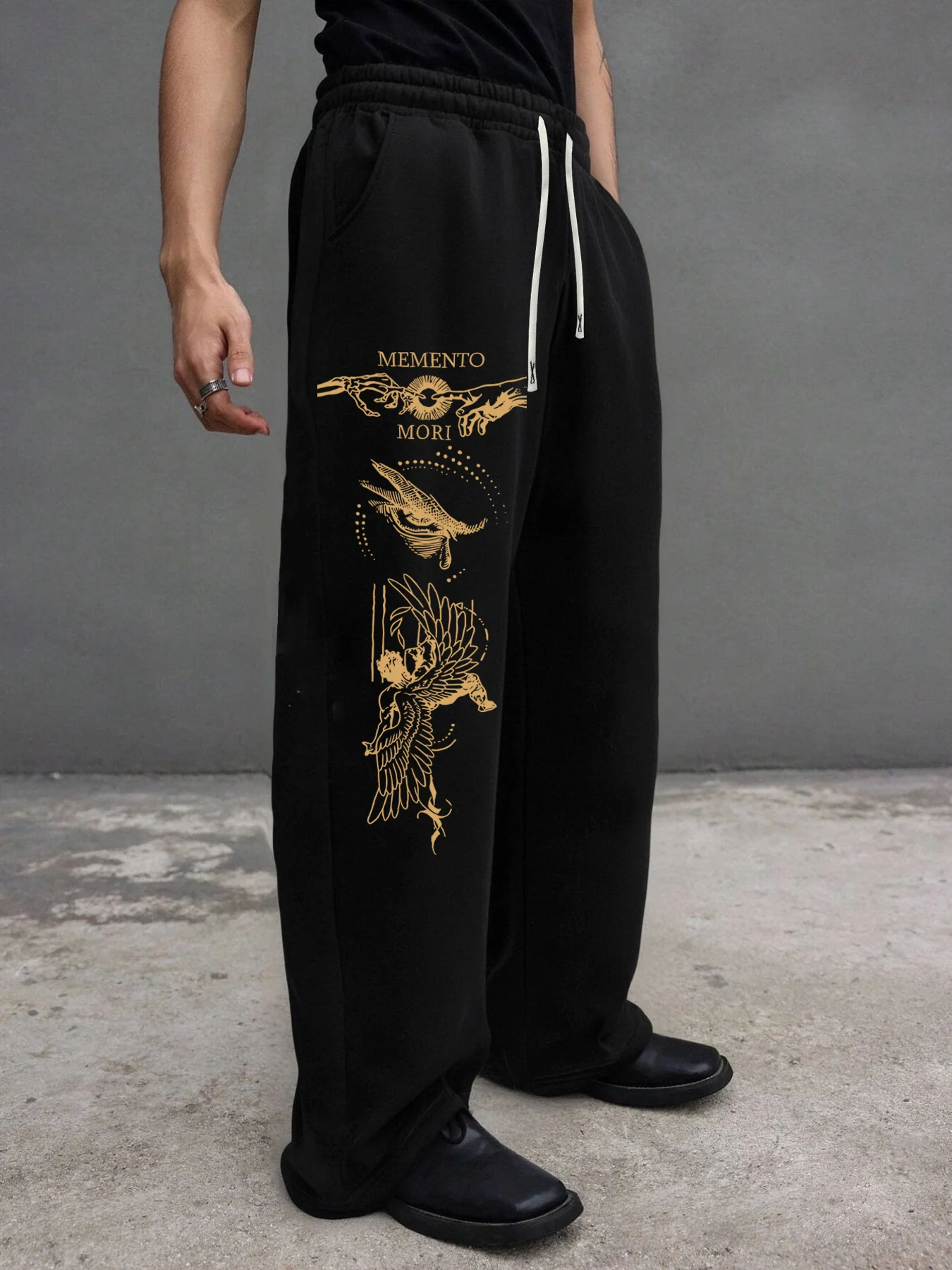 Men's Autumn Angel Print Straight-Leg Fleece Sweatpants Casual Stylish and Versatile Suitable for Sports and Daily Wear
