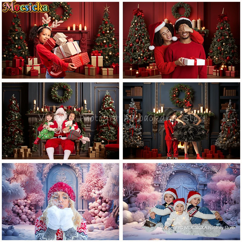 Christmas Gifts Fireplace Backdrops XMAS Trees Wreath Photography Background For Kids Family Portrait Livingroom Photo Props