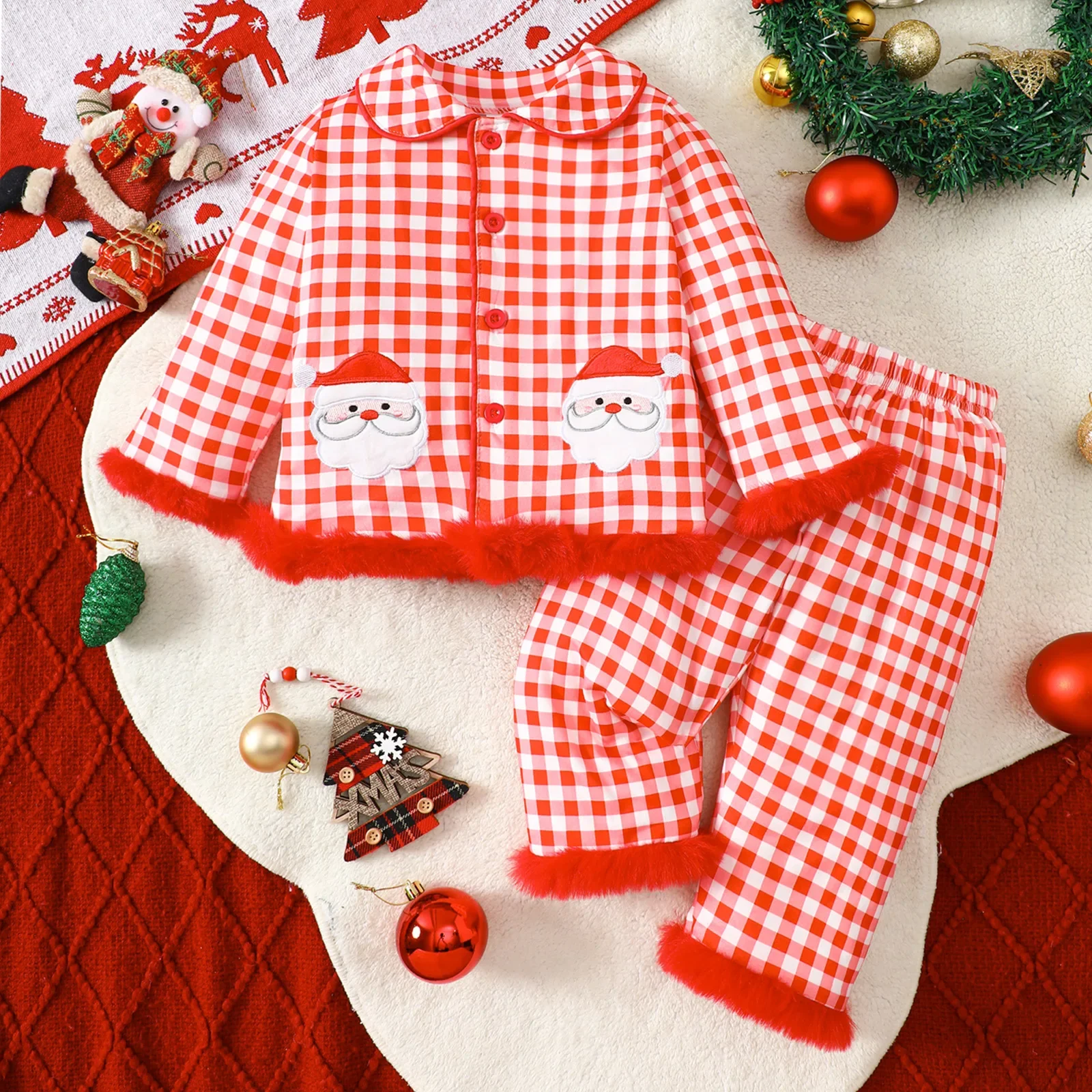 

Christmas Baby Girl Clothes Winter Cotton Checkered Pajama Sets 0-4Y Toddler Santa Embroidery Plaid Loungewear with Fuzzy Trim