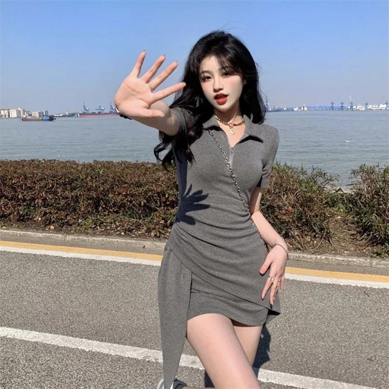 Baddie Style Polo Collar Asymmetric Mini Dress Summer Fall Figure-Flattering A-Line Short Dress Polo Collar Trendy Bodycon Dress
