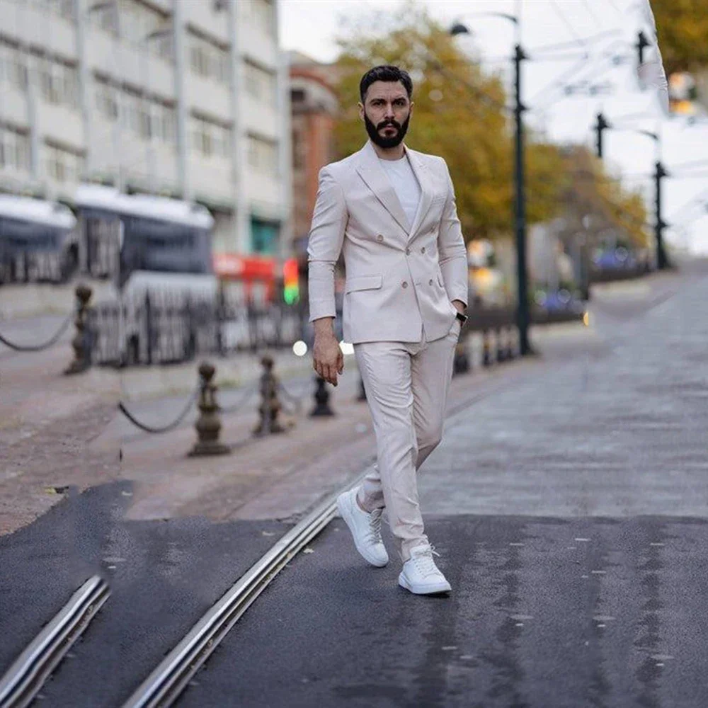 Tailor Made Male Suits For Wedding Slim Fit Double Breasted Peak Lapel 2 Pieces Groom Wear Suits Blazer Pants Costume Homme