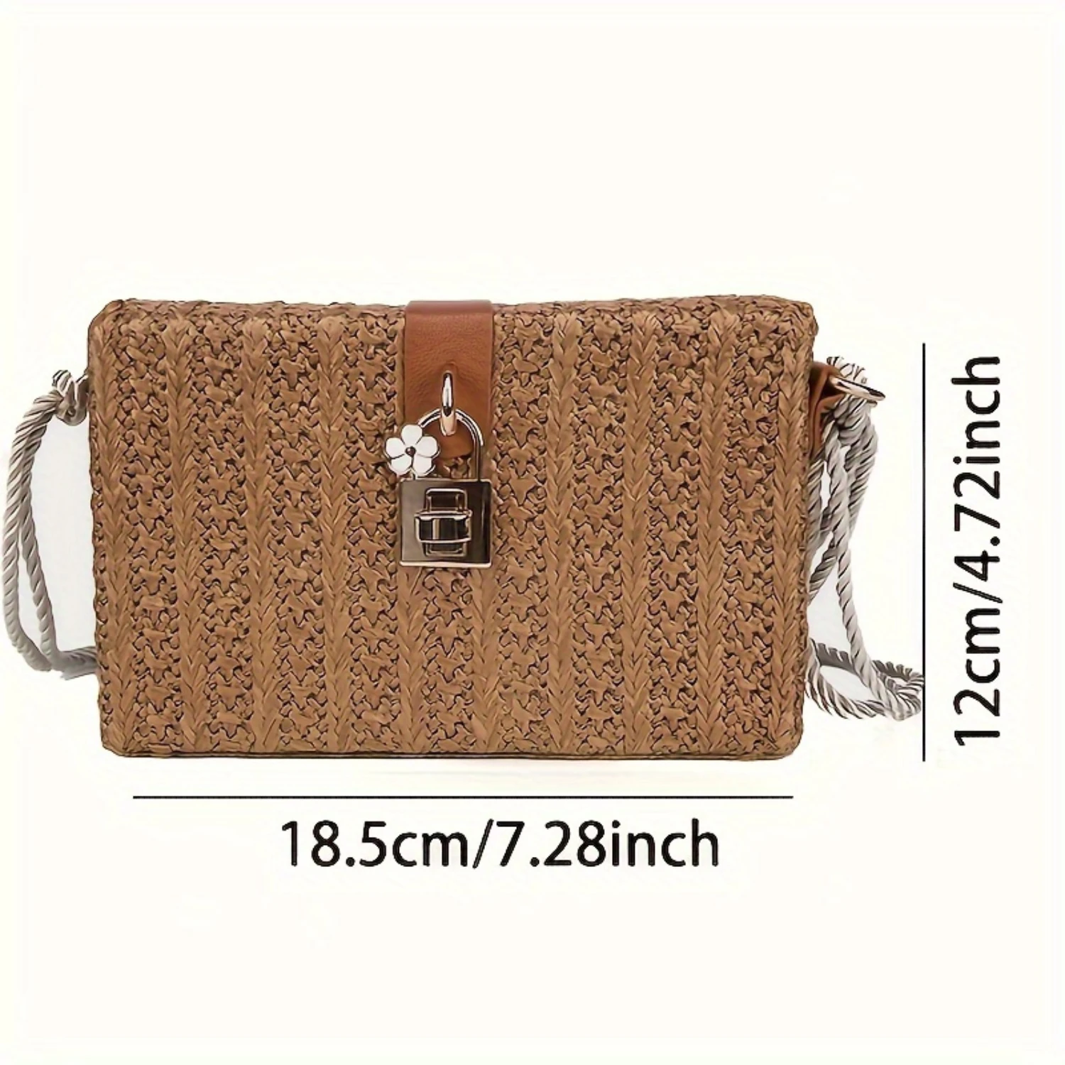 Woven Fabric Crossbody Bag Square Lock Decor Beach Purse